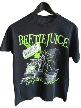 Beetlejuice It's Showtime Graphic T-Shirt Black Neon Tim Burton Movie Tee Medium
